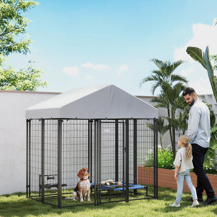 Pawhut 6' X 4' X 6' Dog Run Outdoor, Large Outdoor Dog Kennel Welded Wire Steel Fence With Uv-resistant & Waterproof Cover, Secure Lock, Silver