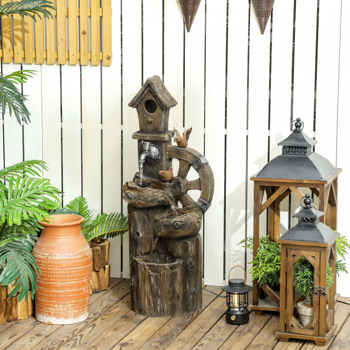Outsunny 2-in-1 Outdoor Water Fountain with Birdhouse, Outdoor Waterfall