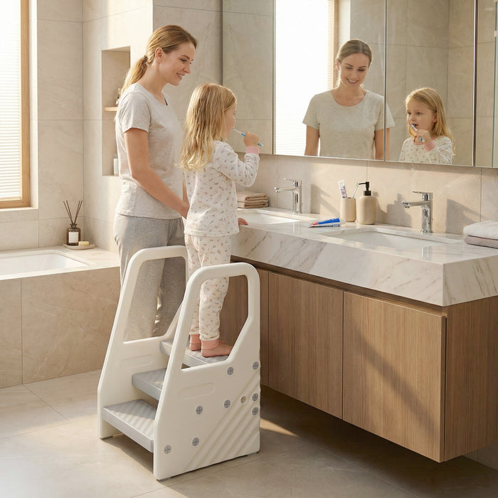 Qaba Toddler Step Stool, 3 Step Toddle Tower with Adjustable Height, Handle, Non-Slip Surface & Foot Pads, Kids Step Stool for Kitchen, Bathroom, Grey