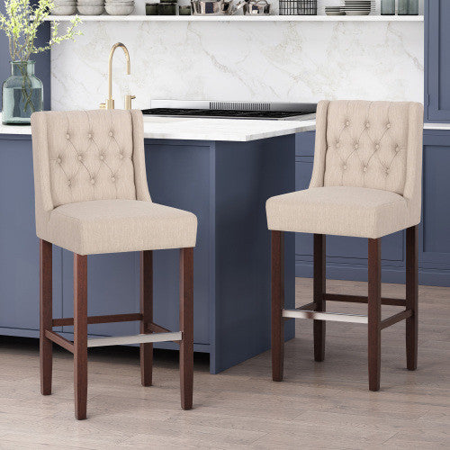 Bruce 30.5\" Counter Height Bar Stools Set Of 2 With Metal Legs And Fabric Upholstery, Beige