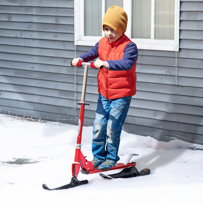 Qaba Snow Scooter, 2 In 1 Design Adjustable Height Scooter Snow Sled For Kids Aged Over 7 Years Old, Kids Sled Ski Scooter With Wheels Blades, Red