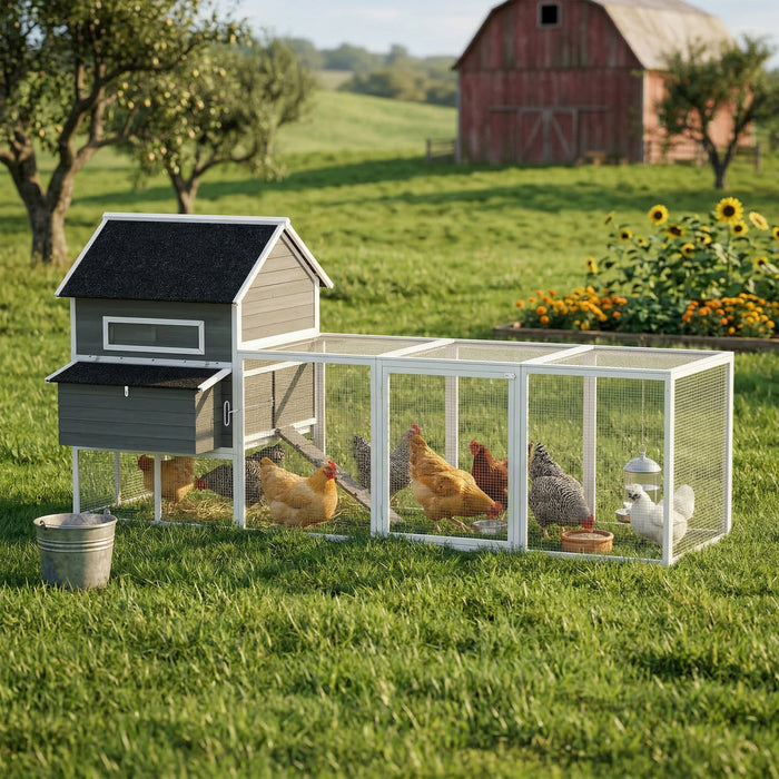 PawHut 137\"L Chicken Coop, Wooden Large Hen House with Chicken Run, Nesting Box, Poultry Cage for Outdoor, Backyard, Dark Grey