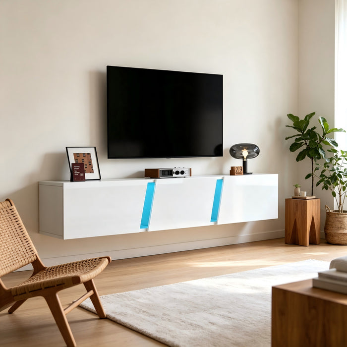 Lumina 64.9 Inch Wall-Mounted TV Cabinet with LED Lights and Acrylic Doors, White