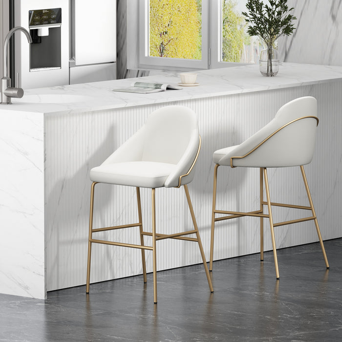 Gracie Modern Metal Upholstered Barstool in White and Gold - Set of 2