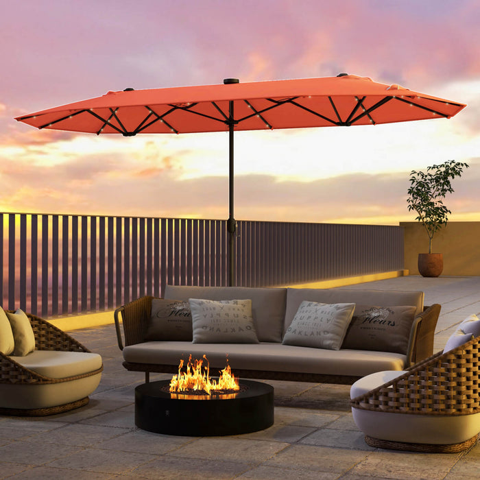 Costway 13 FT Double-sided Patio Umbrella with Solar Lights Crank Handle Umbrella Base Orange