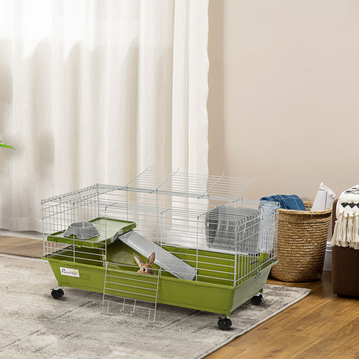 Pawhut 35\" Small Animal Cage, Rolling Bunny Cage, Guinea Pig Cage With Food Dish, Water Bottle, Hay Feeder, Platform, Ramp For Ferret Chinchilla, Green