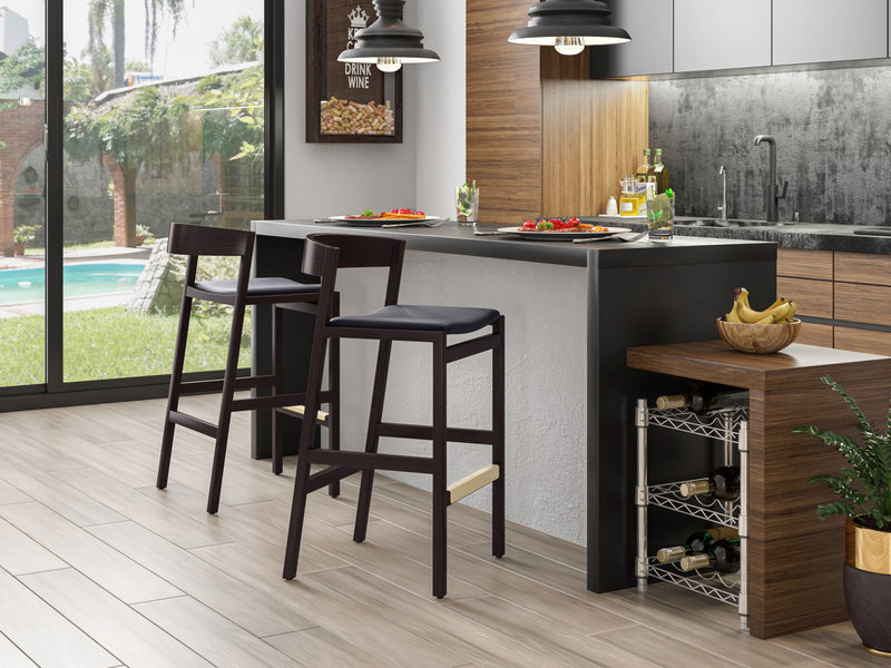 Klismos Mid-Century Modern Wood Upholstered Barstool in Black - Set of 2