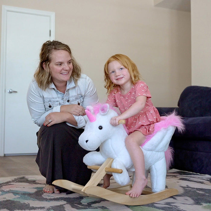 Qaba Kids Rocking Horse, Rocking Chair Nursery Plush Unicorn, Child Soft And Warm Ride On Toy With Sing Along Song Pink