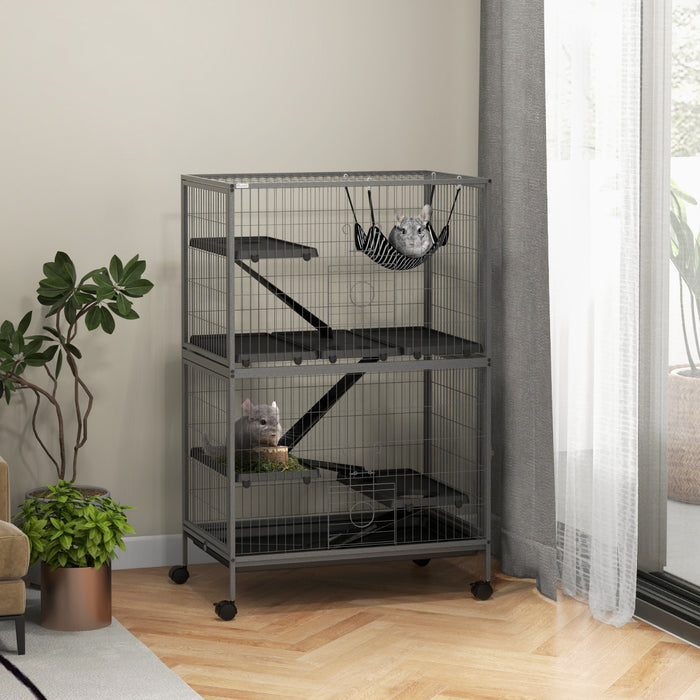 Pawhut 5-tier Rolling Small Animal Cage, Deluxe Guinea Pig Cage, Ferret Cage For Mink Chinchilla Kitten Rabbit, Small Pet Play House With Hammock Platform, Ramp, Tray, Grey