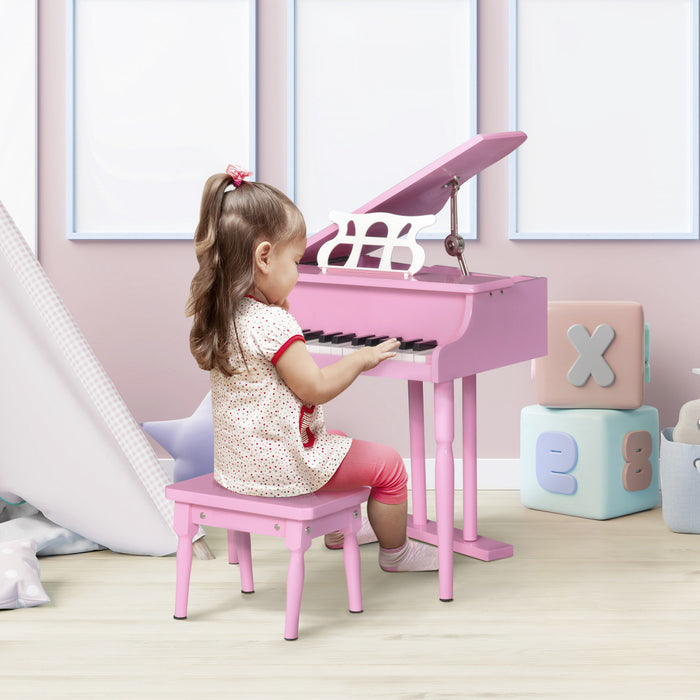 Homcom Modern Kids Piano, 30 Keys, Set Of 2, Mini Toy For Child, Grand Piano With Music Stand And Bench, Ideal Gift, Pink