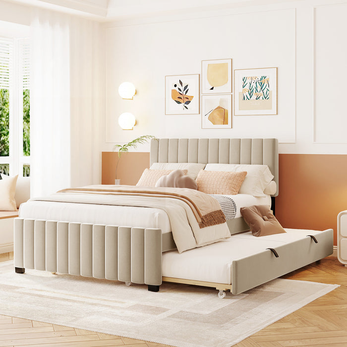 Ethan Space-Saving Velvet Upholstered Platform Bed with Trundle,Full Size,Beige Full Bed