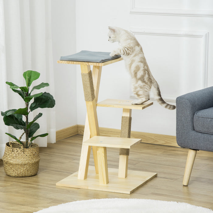Pawhut 31\" Cat Tree Kitty Activity Center Pinewood Cat Climbing Toy Indoor Outdoor Pet Furniture With Jute Scratching Post Perch Cushion Natural