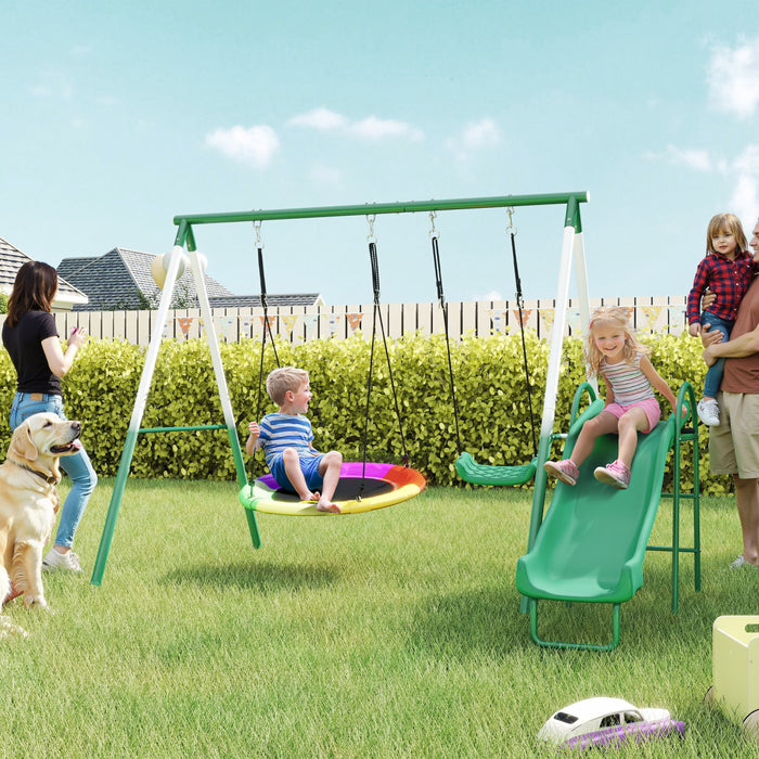 Qaba 3-in-1 Swing Sets for Backyard, 265lbs Capacity Metal Outdoor Playset with A-Frame, 5' Slide, Saucer Swing and Swing Seat, Adjustable Height, for Ages 3-8, Dark Green