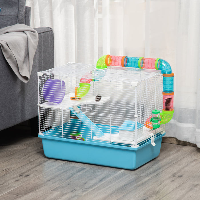 Pawhut Hamster Cage, Small Animal House, 3-level Guinea Pig Cage Gerbil Haven, Tunnel Tube System, With Water Bottle, Exercise Wheel, Food Dish, Ramps, Light Blue