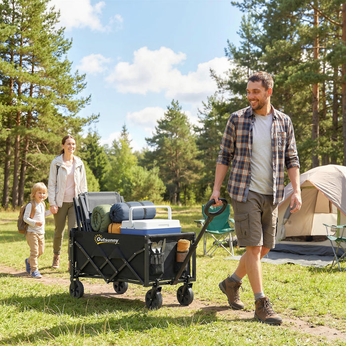 Outsunny 16 Gallon Folding Wagon Cart with Wheels, Heavy-Duty Collapsible Wagon with Drop-Down Tailgate, Adjustable Handle and Cup Holders, for Camping, Garden, Beach, Black