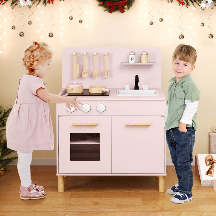 Costway Kids Kitchen Playset With Light Up Stove & Cooking Sounds Oven Sink Faucet Pink