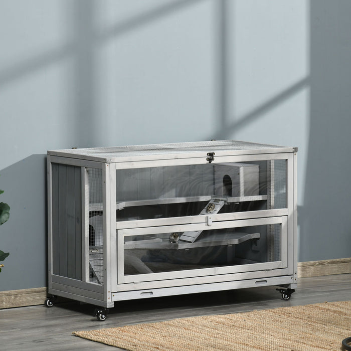 Pawhut 3 Tier Hamster Cage, Wooden Rat Cage Small Animal Habitat With Ladders, Huts, Wheels, Pull-out Tray, For Syrian, Dwarf Hamster, Light Grey