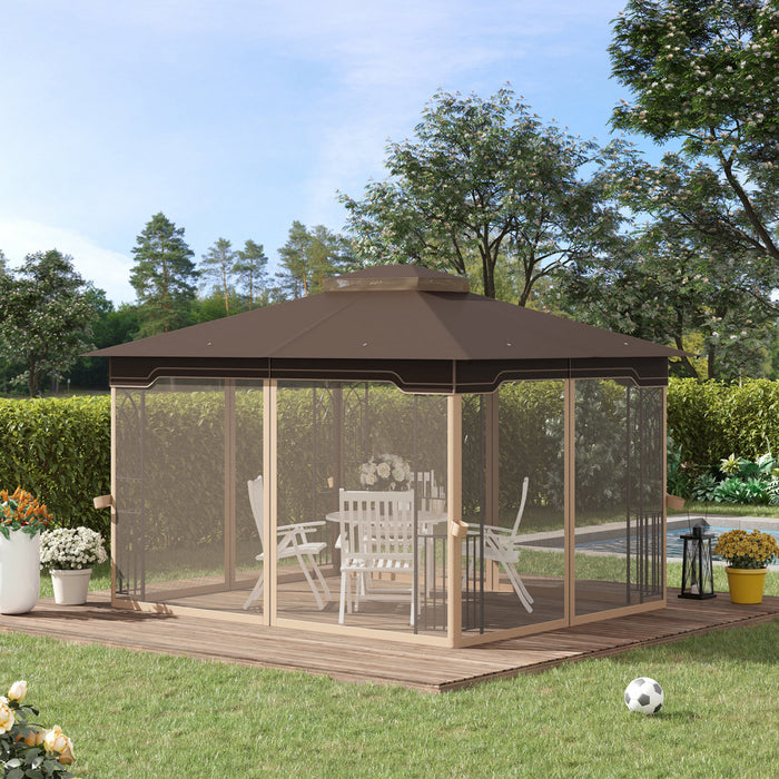 Outsunny 12' X 10' Patio Gazebo Outdoor Canopy W/ 2-tier Roof, Nettings