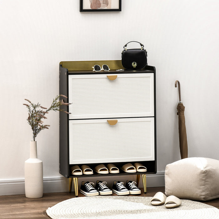 HOMCOM Modern Shoe Cabinet with Two Flip Drawers Bamboo Door White