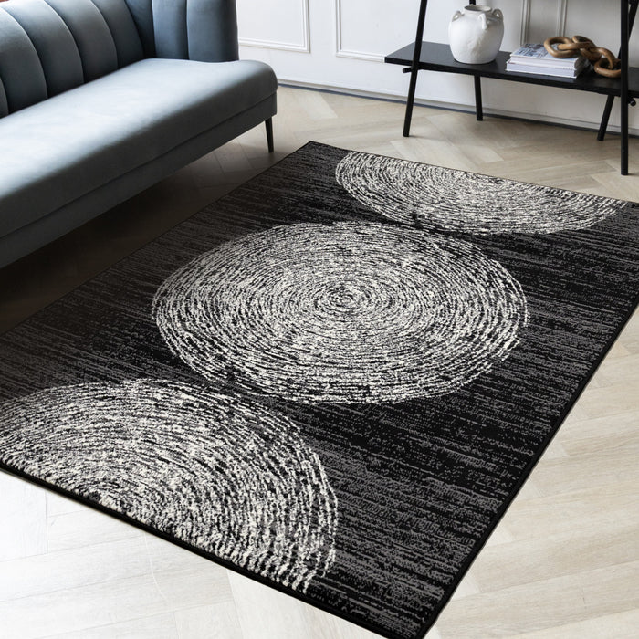 Florence Black Grey White Tree Ring Design Rug, 5'3\" x 7'4\" Indoor Area Rug