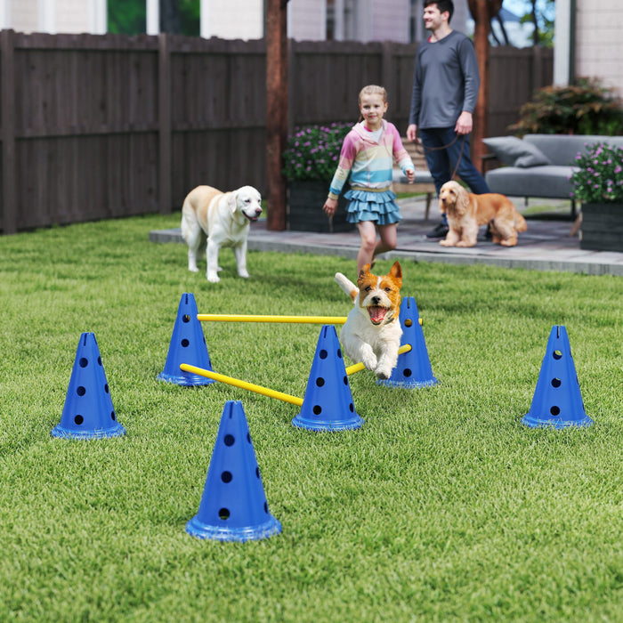 PawHut Dog Agility Hurdle Cone Set, Adjustable Obstacle Course Equipment with 6 Cones & 6 Poles, Portable Canine Agility Training Set with Carry Bag, Blue