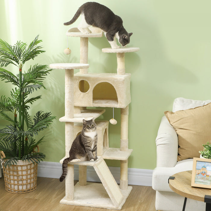 Pawhut 54\" Cat Tree, Cat Tower For Indoor Cats With Scratching Posts, Cat Condos, Bed, Platforms, Ramp, Toy Ball, Cat Activity Center, Beige
