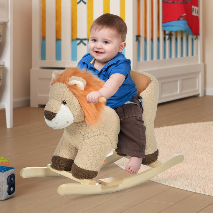 Qaba Baby Rocking Horse Lion Design Plush Stuffed Rocking Chair, Wooden Rocking Horse With Sound, Seat Belt For 18-36 Months Boys And Girls Gift, Brown