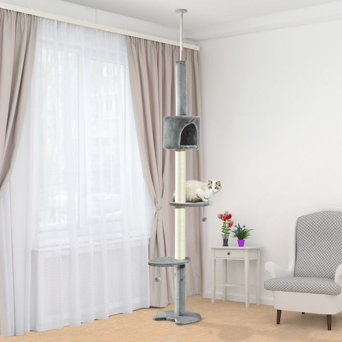 Pawhut 4-tier Floor To Ceiling Cat Tree, Tall Cat Tower With Scratching Post, Plush Padding, Toy Ball, Cat Condo For Indoor Cats, Light Grey