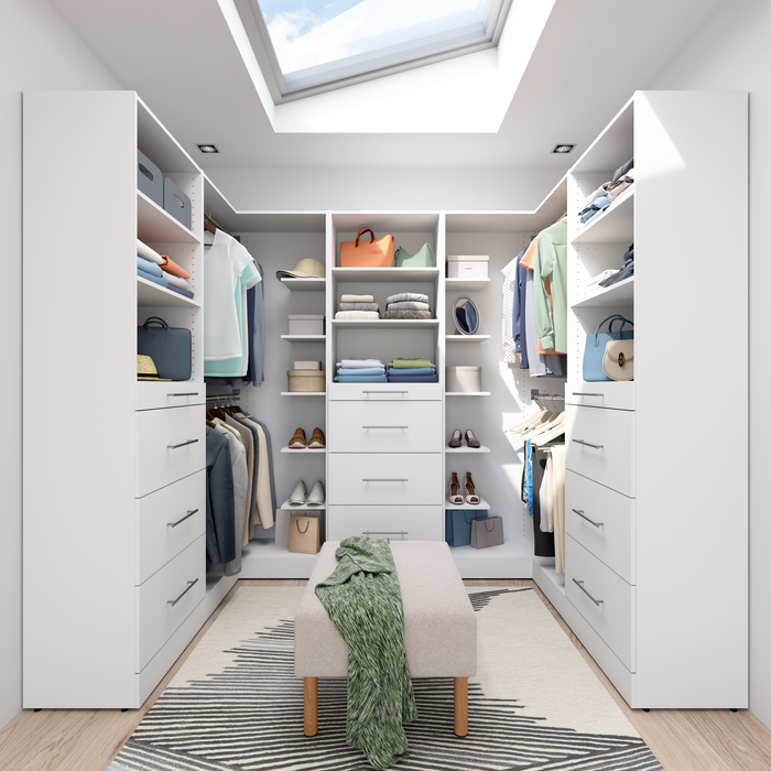 Bestar Florence 94\" Modular U-Shaped Walk-In Closet System with Rods and Storage - White