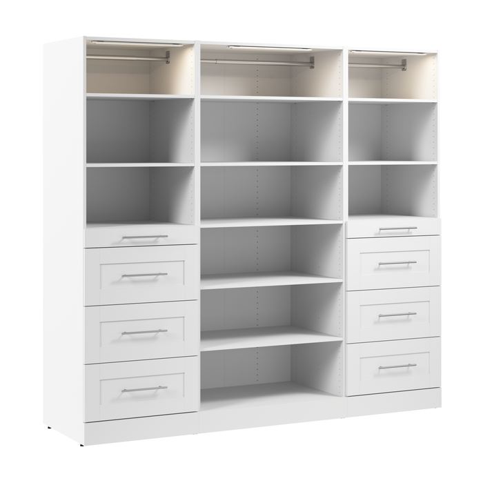 Bestar Florence 85\" Modular Reach-In/Walk-In Closet System with LED Lights, Shelves and Drawers Shaker Style - White