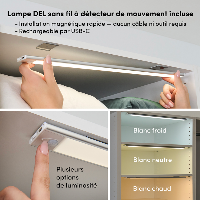 Bestar Florence 107\" Modular Walk-In Closet System With LED Lights, Rods, Shelves and Drawers Slab Style - White