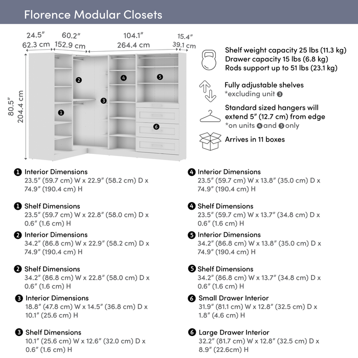 Bestar Florence 105\" Modular L-Shaped Walk-In Closet System with LED Lights, Rods, Shelves and Drawers Shaker Style - White