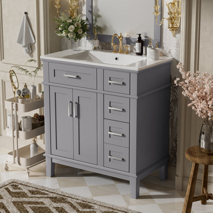 Savannah 30 Inch Bathroom Vanity with Ceramic Sink and Spacious Storage Cabinet, Grey