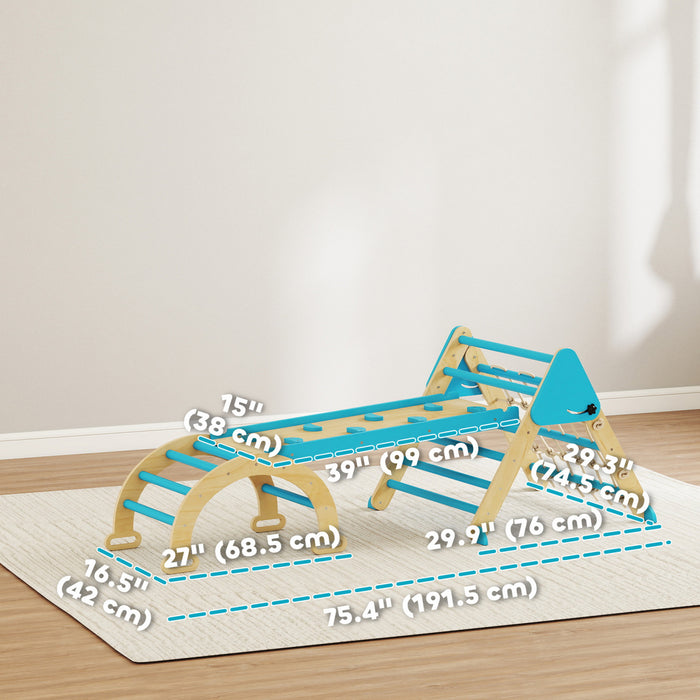 Qaba 8-in-1 Pikler Triangle Set, Foldable Wooden Climbing Toys with Arch, Ramp and Ladder, Montessori Indoor Playground Jungle Gyms for Toddlers Ages 18-48 Mouths, Blue