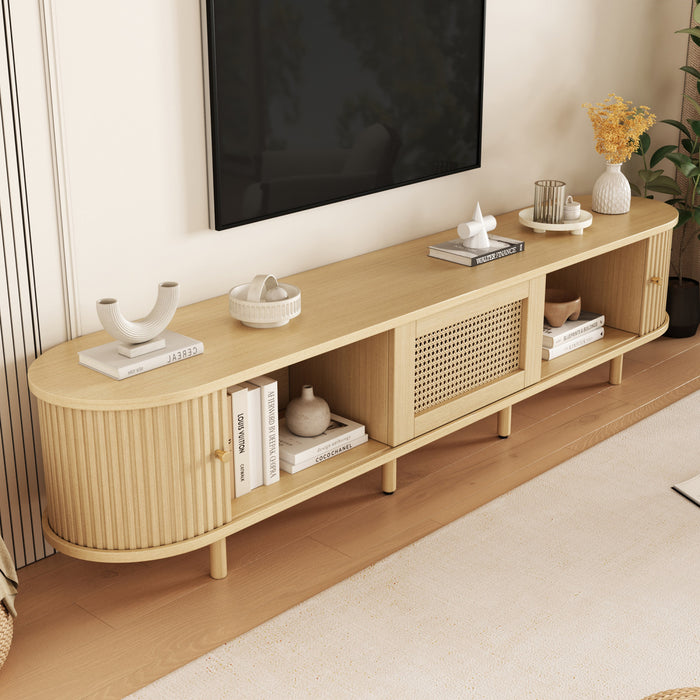 Lucas TV Stand Media Console with Rattan Drawer and Sliding Doors,Natural