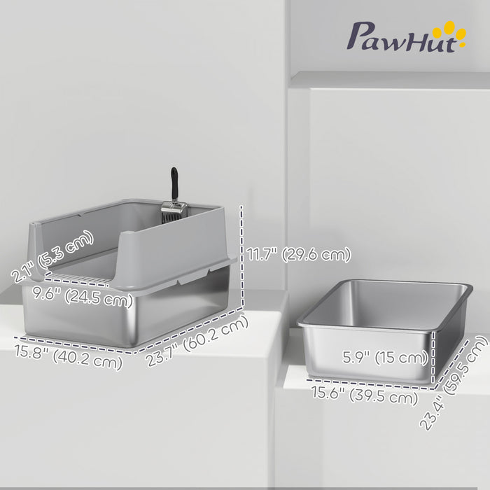 Pawhut Stainless Steel Cat Litter Box, Xl Kitty Litter Box For Big And Multiple Cats With High Wall Side, Scoop, Anti-leakage, Easy Cleaning & Odor Free
