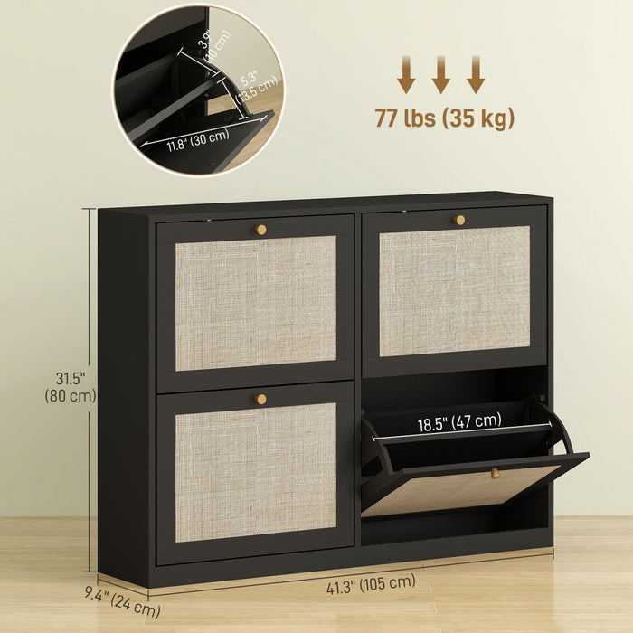 HOMCOM Narrow Shoe Cabinet with 4 Flip Drawers for Entryway Hallway Black