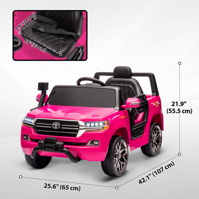 Qaba 12v Electric Powered Ride-On Car For Kids, Toyota Land Cruiser Licensed Kids Car With Parent Remote Control, Four Wheel Spring Suspension, Soft Start, Led Light, Music, Horn, Pink