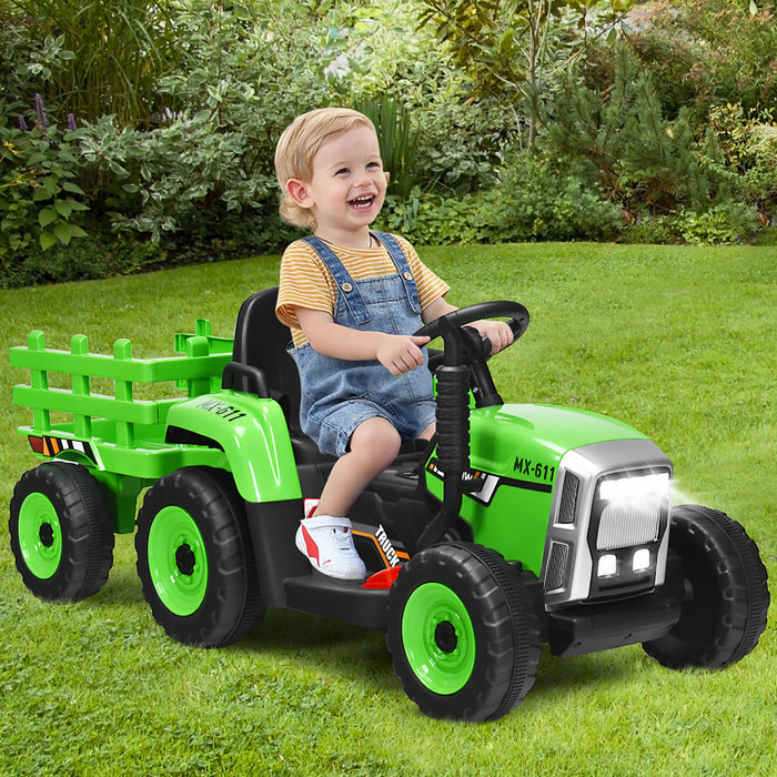 Costway 12v Kids Ride On Tractor With Trailer Ground Loader W/remote Control &led Lights