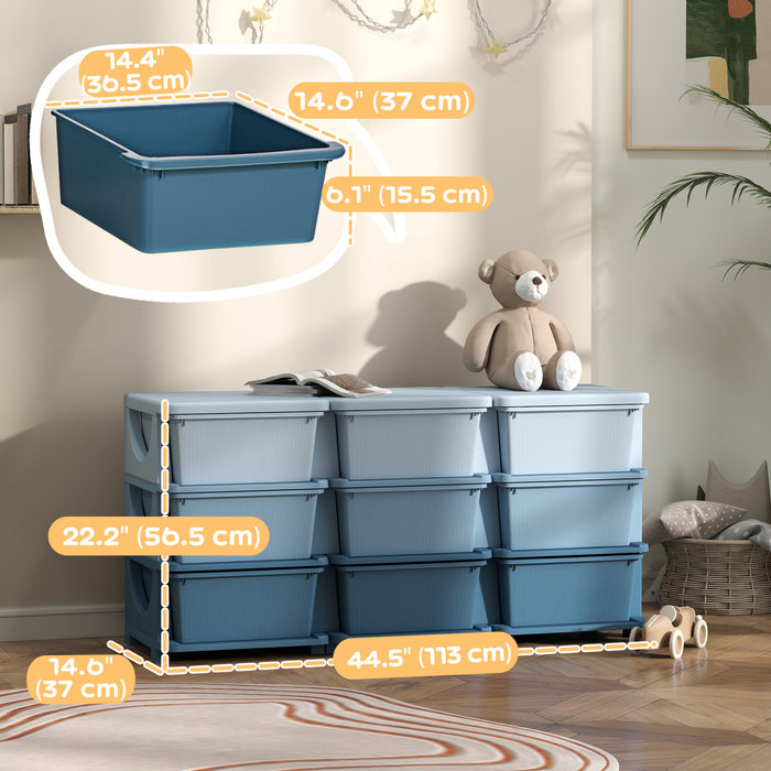 Qaba Kids Toy Storage Organizer With 9 Plastic Bins, 3 Tier Drawer Chest Utility For Kids Bedroom Nursery Kindergarten Living Room For Boys Girls Toddlers, Blue
