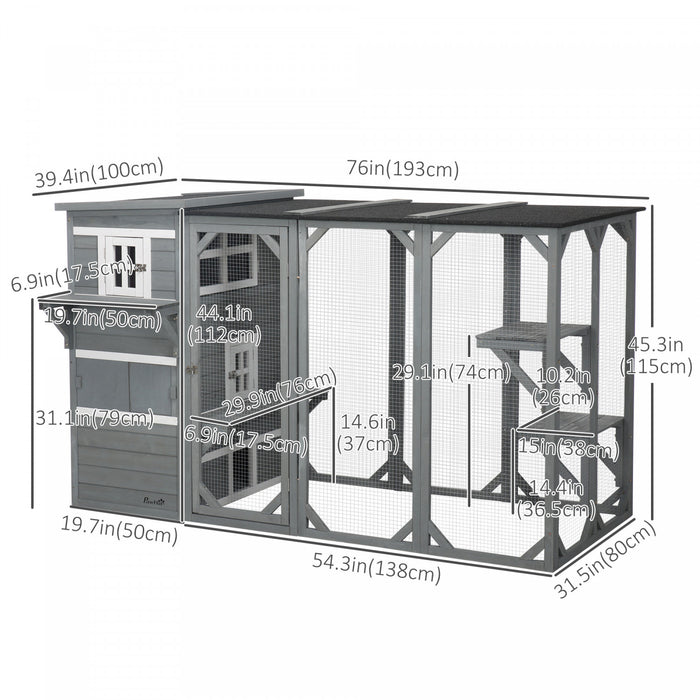 Pawhut Wooden Cat Catio, 76\"l Walk In Outdoor Cat House With Asphalt Roof, Platforms, Lockable Doors, 3-tier Resting Condo, Observation Window, For 2-3 Cats, Light Grey