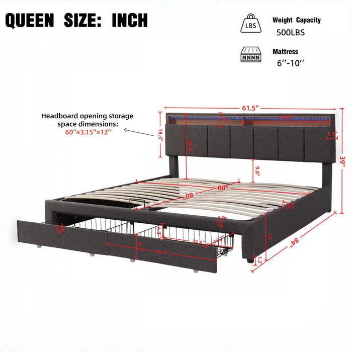 Kelly Upholstered Hydraulic Storage Bed with LED Lighting Headboard and Built-in Drawers,Queen Size,Grey Queen Bed