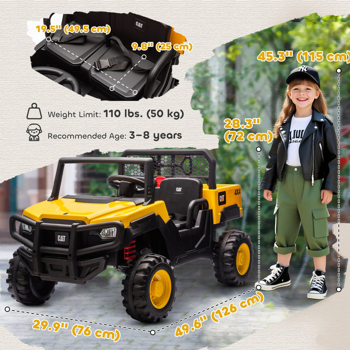 Qaba 24V Caterpillar Licensed Ride on Car, 4WD 2 Seater Electric Ride on Dump Truck with Remote Control, Up to 5 Mph, Dump Bed, Shovel, Electric Car for Kids 3-8 Years