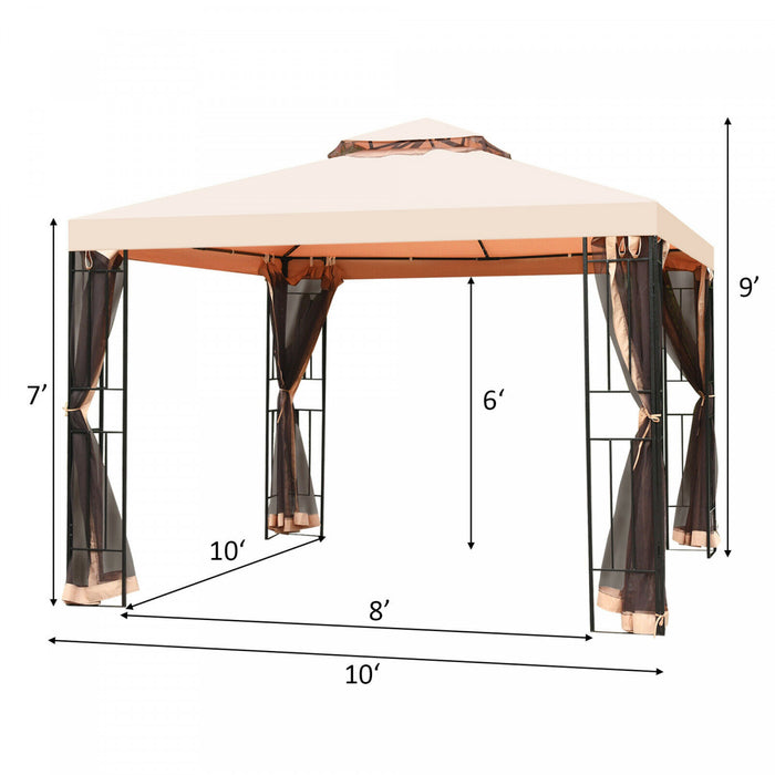 10x10ft Metal Gazebo W/ Mosquito Netting Canopy Gazebo 2 Tier Vented Gazebo Top