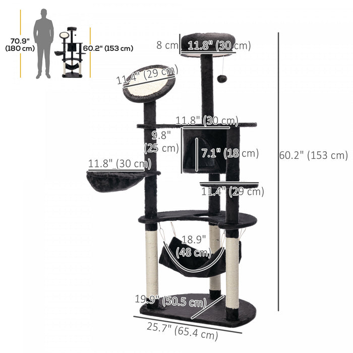 Pawhut 60 Inch Cat Tree For Large Cats Adult, Tall Cat Tower With Scratching Posts And 2 Hammocks, Multi-level Plush Kitten Condo For Indoor Cats With Dangling Balls, Dark Grey