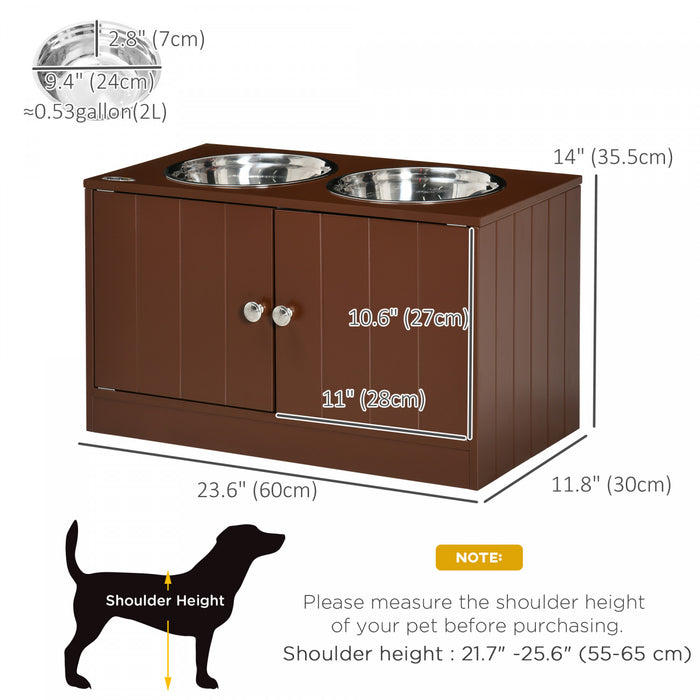 Pawhut Elevated Dog Bowls For Large Dogs Pet Feeding Station With Stand, Storage, 2 Stainless Steel Food And Water Bowls, Brown, 23.6\" X 11.8\" X 14\"