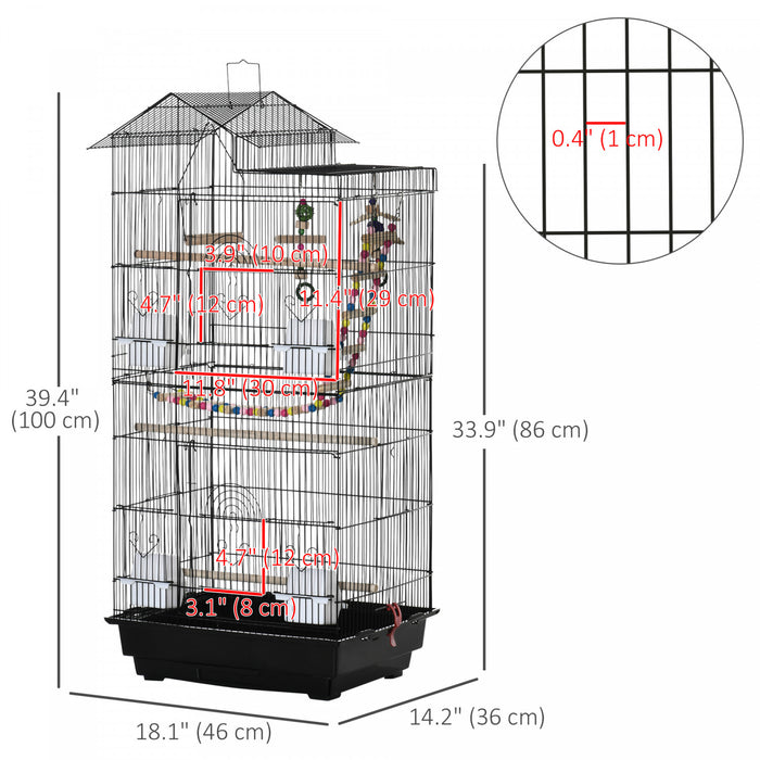 Pawhut 39\" Bird Cage For Budgie, Cockatiel, Conure, Small Birds, Parrot Cage With Ladder, Swing, Toys, Perches, Tray, Feeding Bowls, Handle, Black