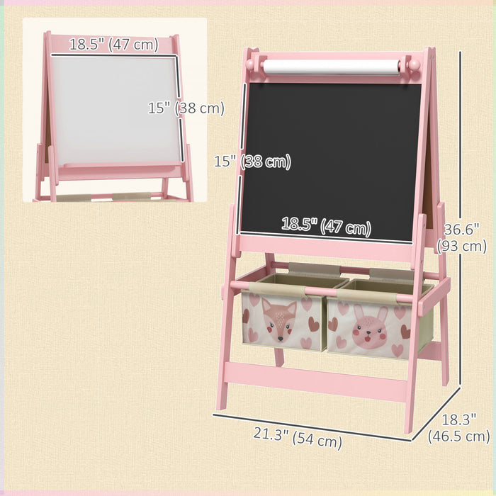 Qaba Art Easel for Kids, 3-in-1 Double-Sided Kids Easel with Paper Roll, Whiteboard & Chalkboard, 2 Storage Boxes, Gift for Boys, Girls Ages 3-8, Pink, Fox and Rabbit