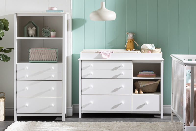 Little Smileys Changing Table With Removable Rim, Drawers, And Open Storage - Pure White