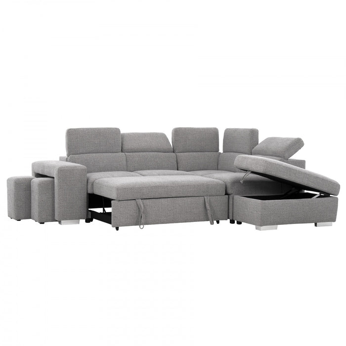 Pax 105 in. Fabric Sleeper Sectional with Storage Chaise, Nested Stools and Adjustable Headrests - Grey